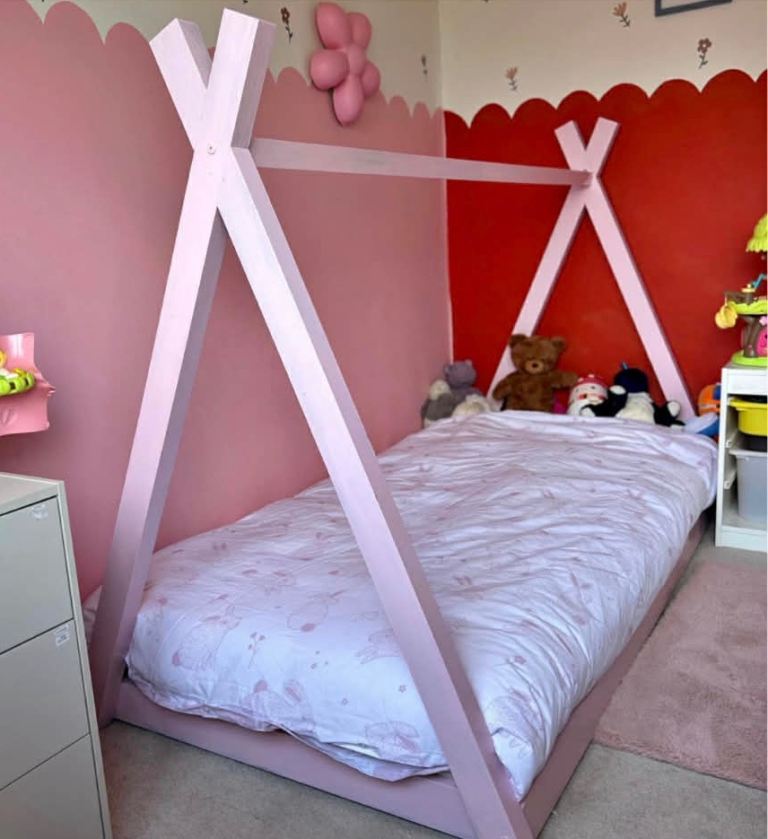 Pink Wooden Teepee Bed Frame for Kids – Good Condition