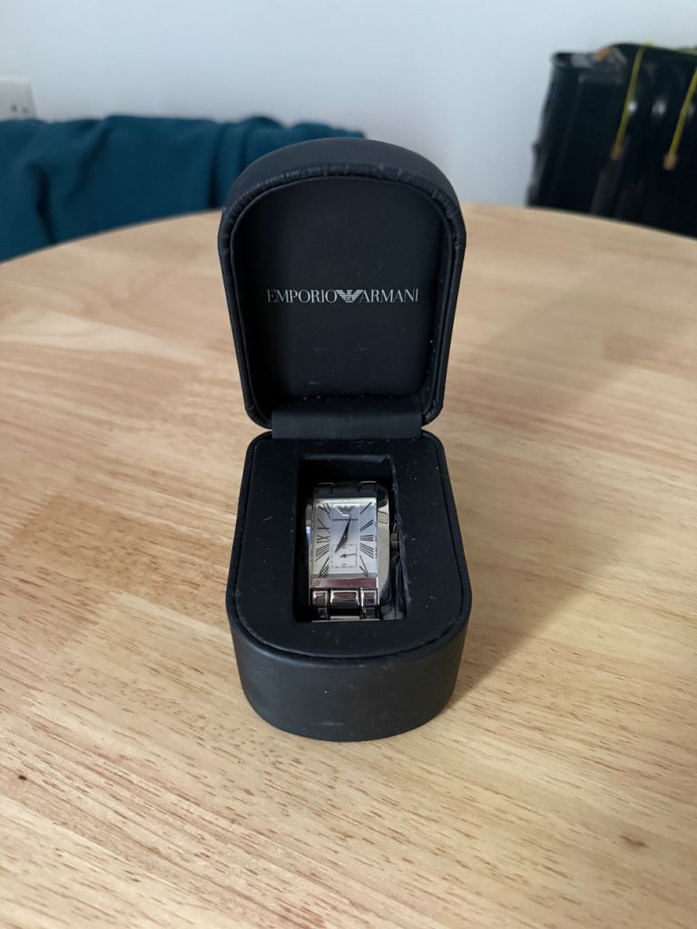 Emporio Armani Silver Watch with Black Box – Good Condition