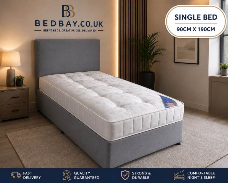 COMPLETE DIVAN SINGLE BED WITH QUALITY HEADBOARD AND MATTRESS