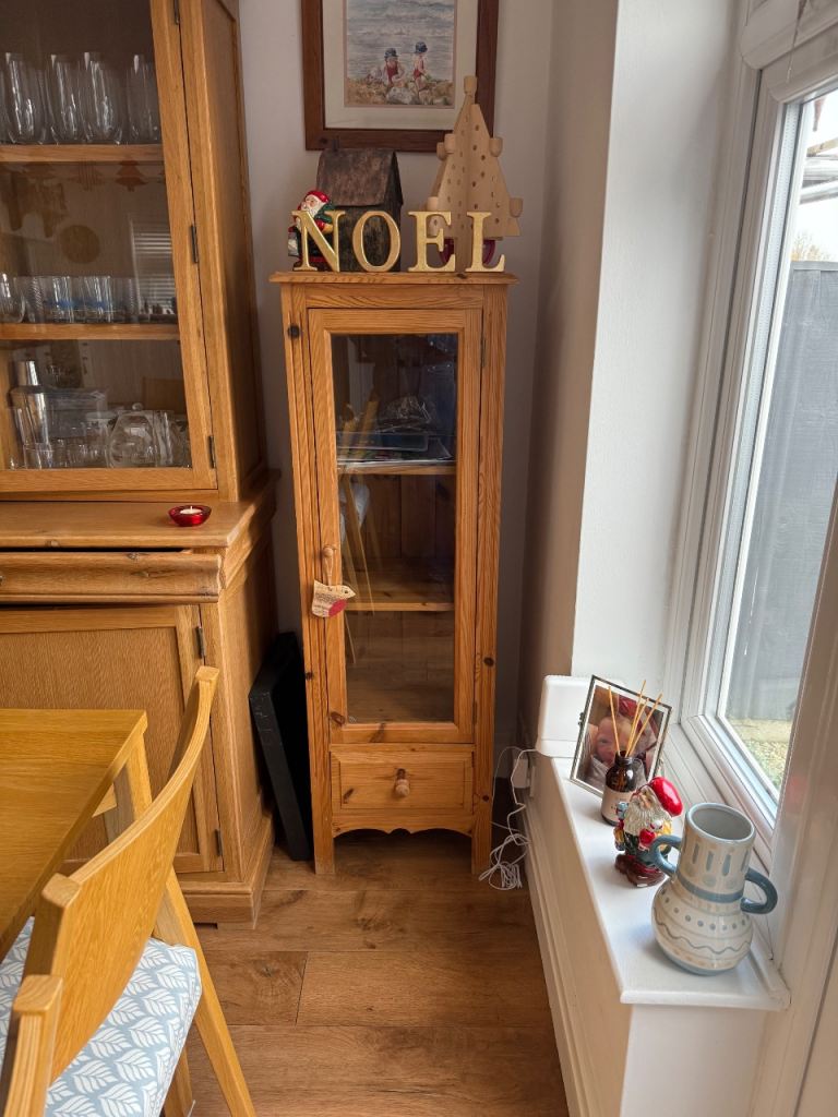 image for Tall solid waxed  pine glazed cabinet with dovetailed drawer