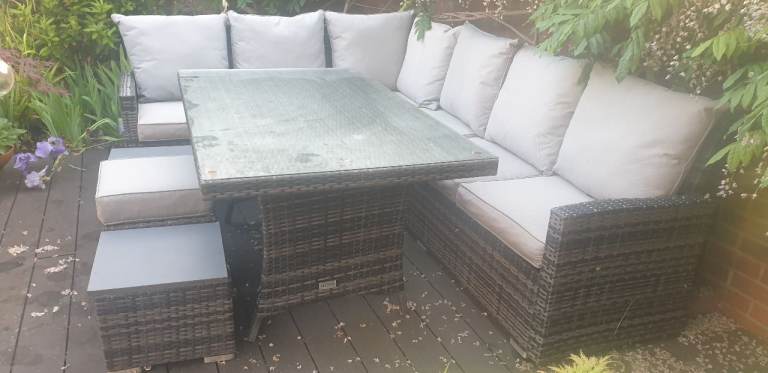 SOLD Luke - NOVA rattan garden L shaped sofa, table, stools, all cushions all weather covers