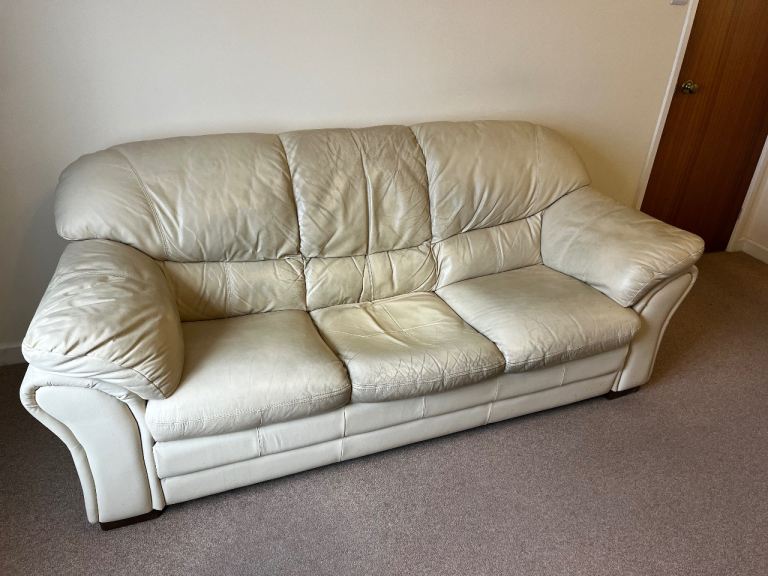 Cream Leather Three-Seater Sofa – Fair Condition