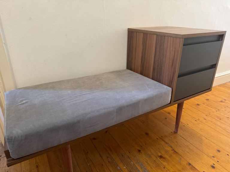 Wooden Storage Bench with Grey Cushion and Drawers