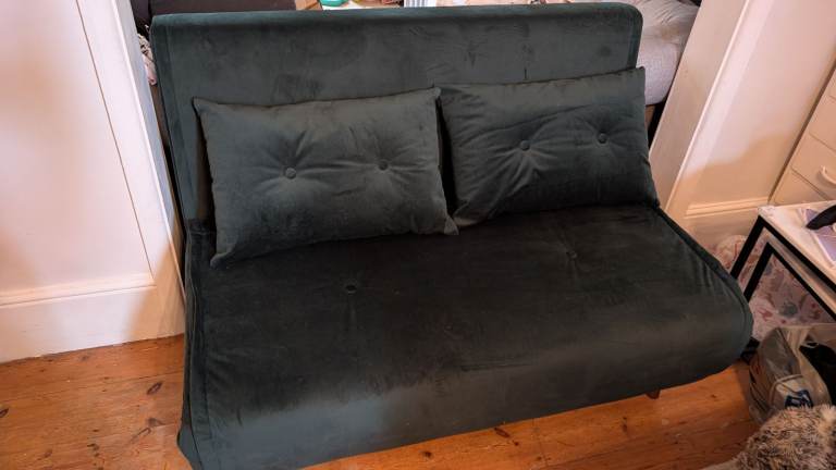 MADE Haru Small sofa bed, 2 seater green with 2 pillows