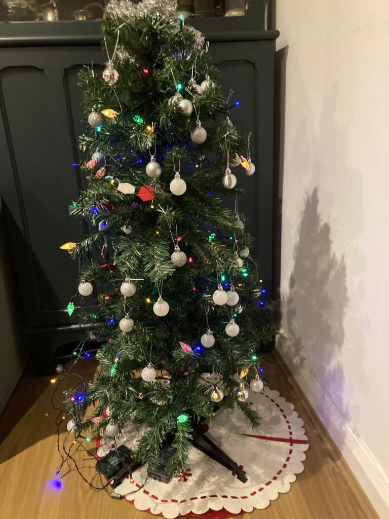 xmas tree, decorations and led lights