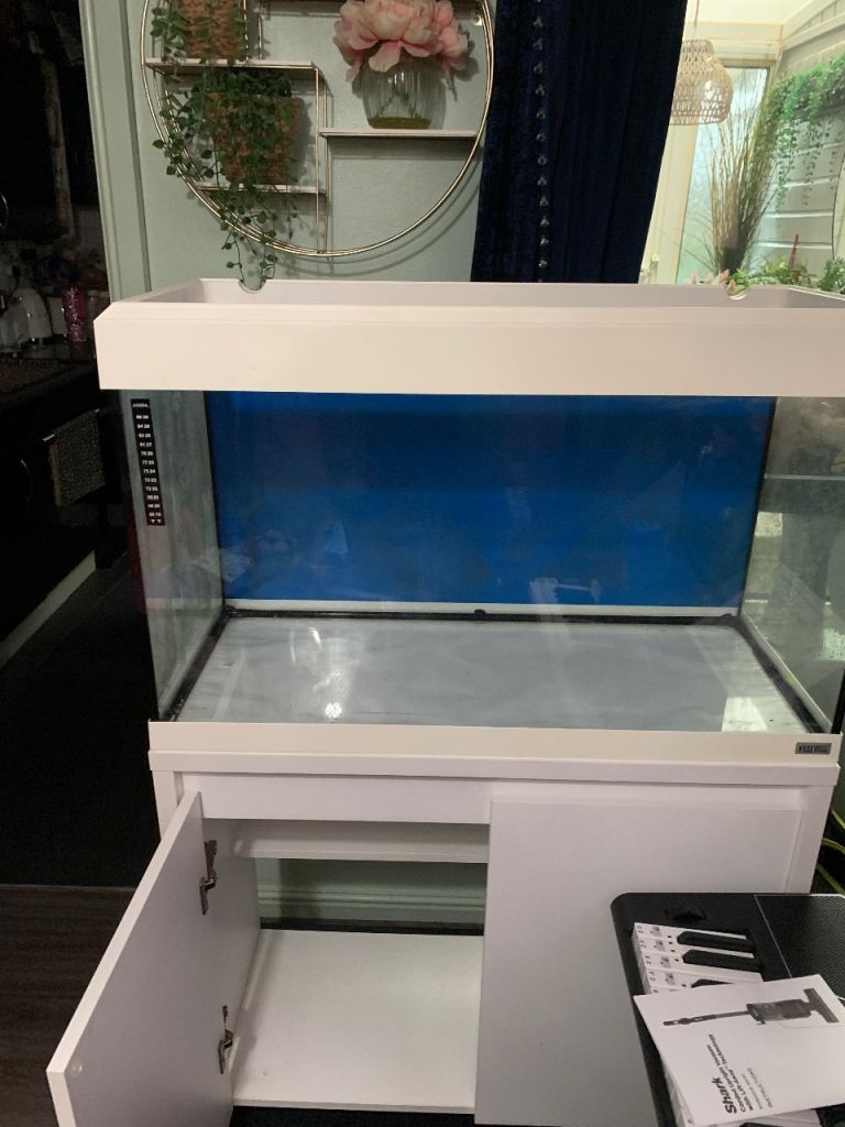 White Aquarium Tank with Matching Storage Cabinet – Good Condition for Sale