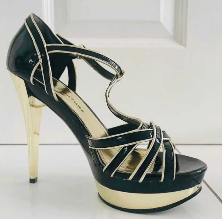 KOI Couture Women’s Black/Gold Concealed Platform STILETTO HIGH HEELED Sandal UK 7