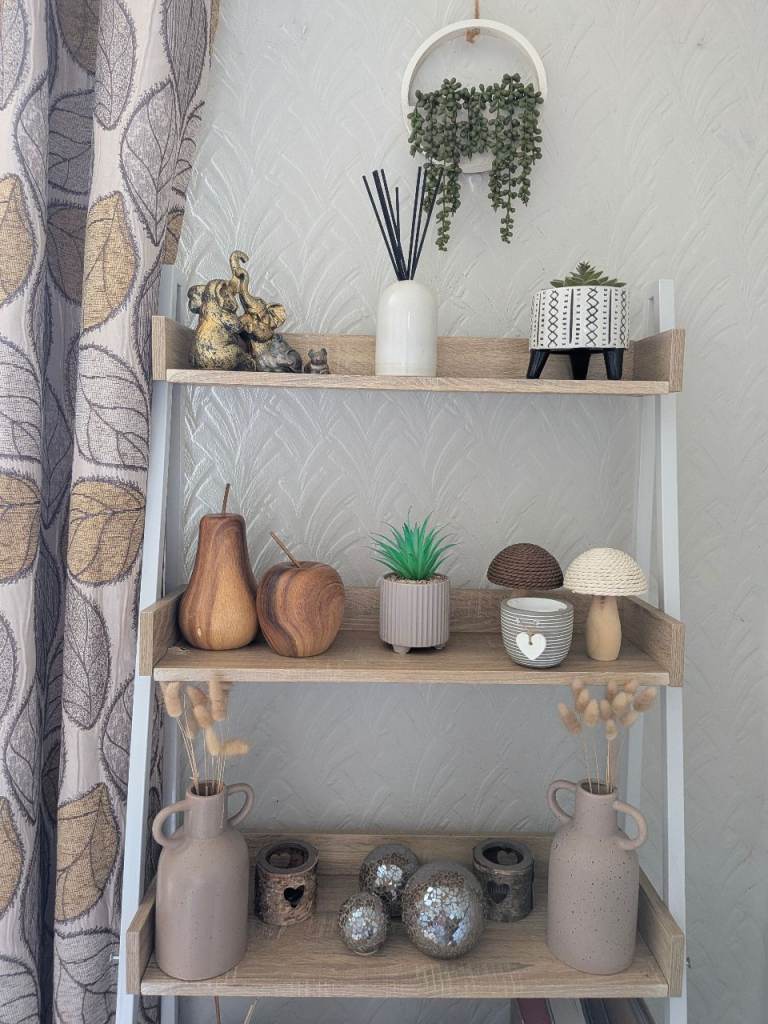 Complete 3-Tier Home Decor Display Bundle – Plants, Wood Sculptures & Neutral Accents