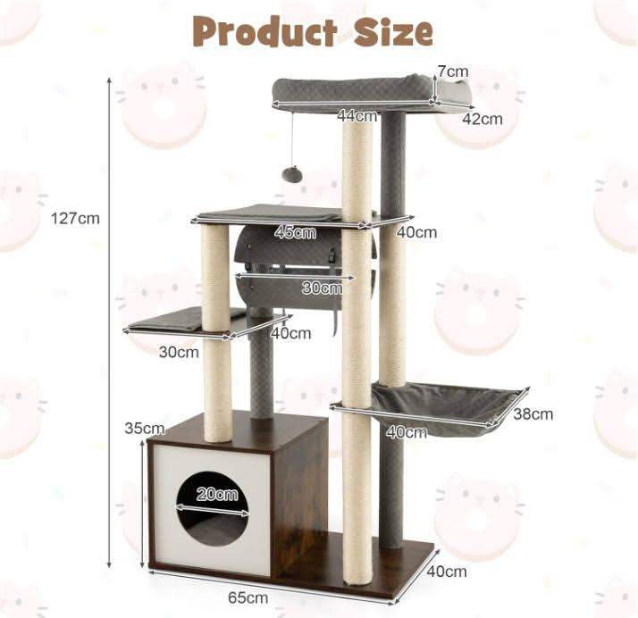 £30 COSTWAY Wood Cat Tree. 127cm Cats Climbing Tower with Scratching Sisal Posts, Hammock, Top Perch