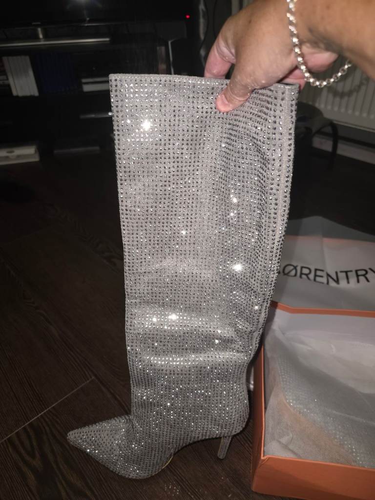 SØRENTRY Silver Sparkle Knee-High Boots - Brand New with Box
