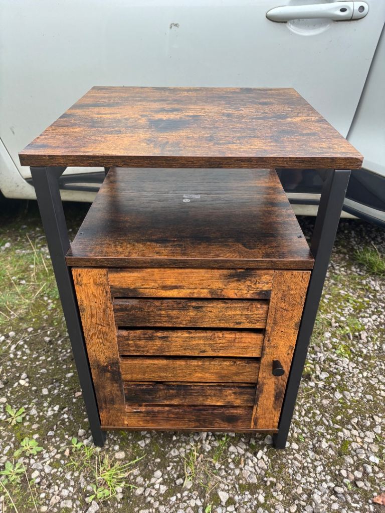Rustic Brown Bedside Table with Storage Shelf and Cabinet