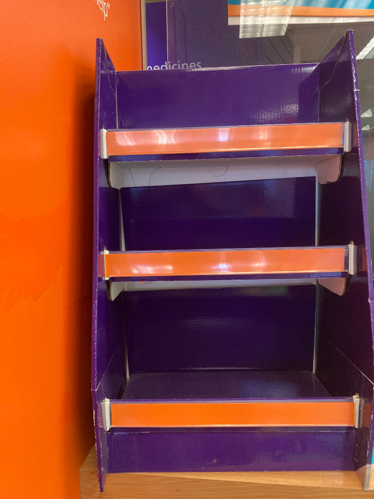 CARDBOARD DISPLAY STAND WITH 3 SHELVES FOR SHOP DISPLAY PURPLE/ORANGE