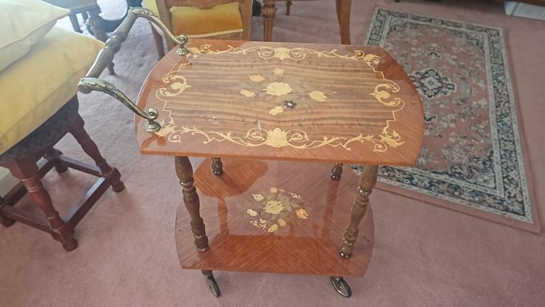 Vintage Italian marquetry brass tea cart