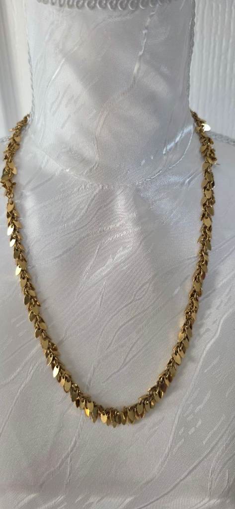 Vintage Gold Plated Brass Sequin Flake Leaf Chain Statement Necklace