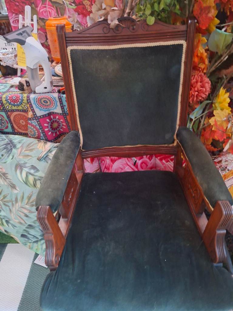 Antique Wooden Armchair with Green Velvet Upholstery