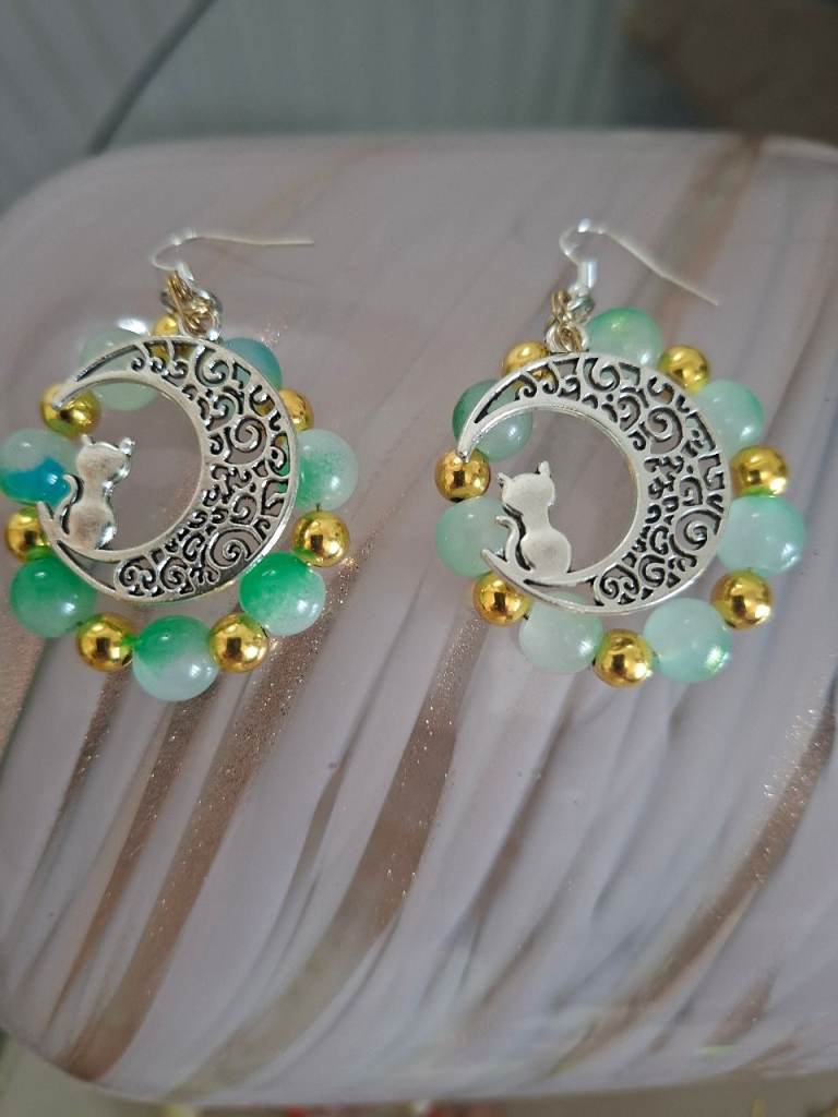 Earings green cat and moon earings marble glass hoop earings 