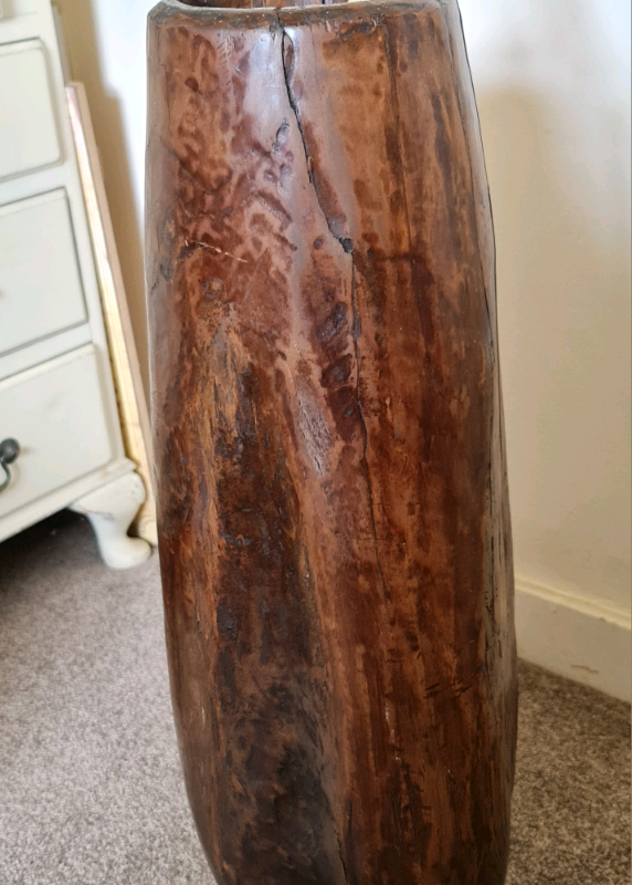 Large Vintage Primitive Hollowed Out Wooden Floor Standing Vase