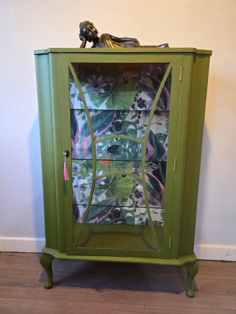REFURBISHED Vintage Glass Display Drinks Cocktail Cabinet Botanical Green - Free 10m Local Delivery