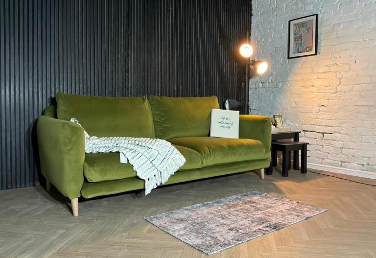 Stunning Loaf Squishmeister 3–4 seater sofa finished in a beautiful Grass Clippings green velvet 