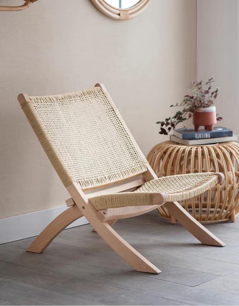Natural Wood & Rattan Folding Chair – Good Condition