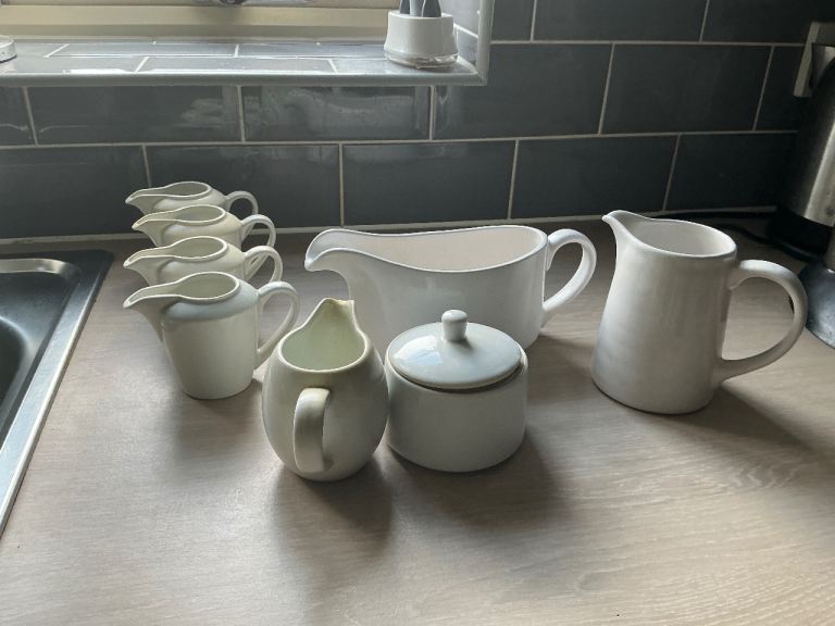White Ceramic Jugs, Gravy Boats, and Sugar Pot Set – Good Condition