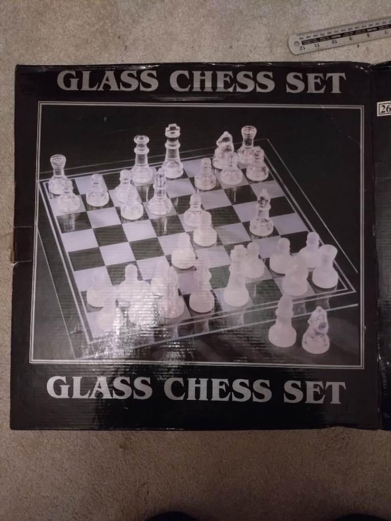Glass Chess Set 35cm x 35cm - Frosted + Clear pieces -  Felt Base BNIB Family Board Game Decorative