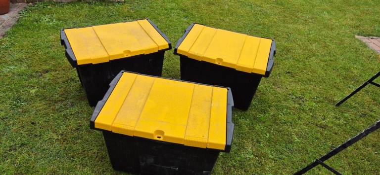 Three Large Plastic Storage Boxes with Lids
