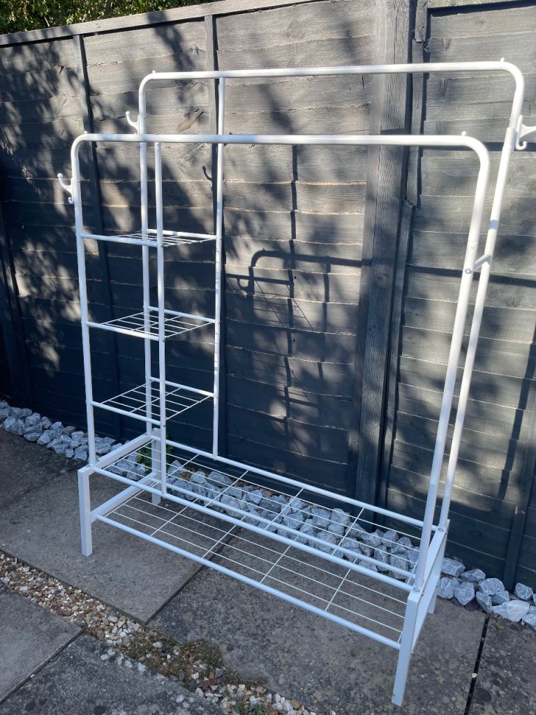 White Metal Clothes Rail with Shelves and Hooks – As Good As New