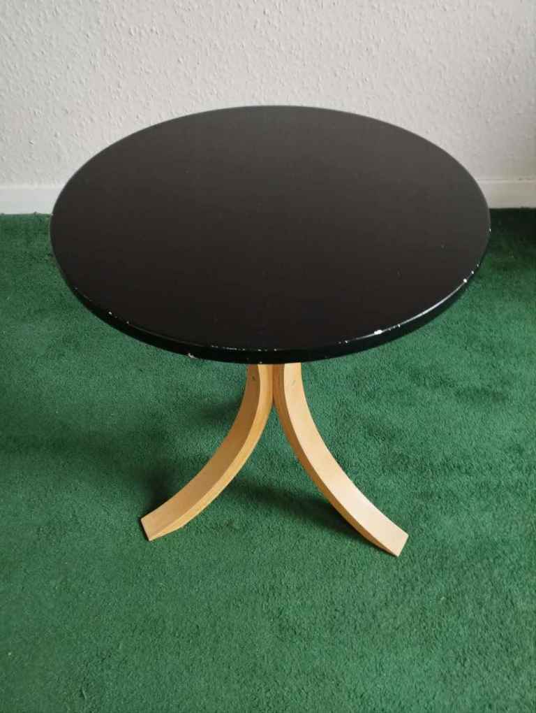 Black Round Side Table with Wooden Base – Good Condition