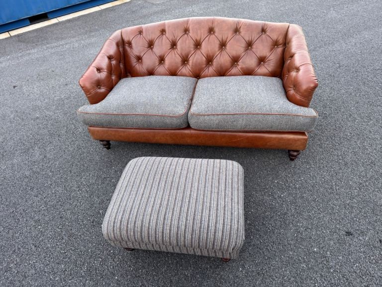 Tetrad Dalmore Petite Tan Leather & Harris Tweed Chesterfield Sofa Possible Delivery 