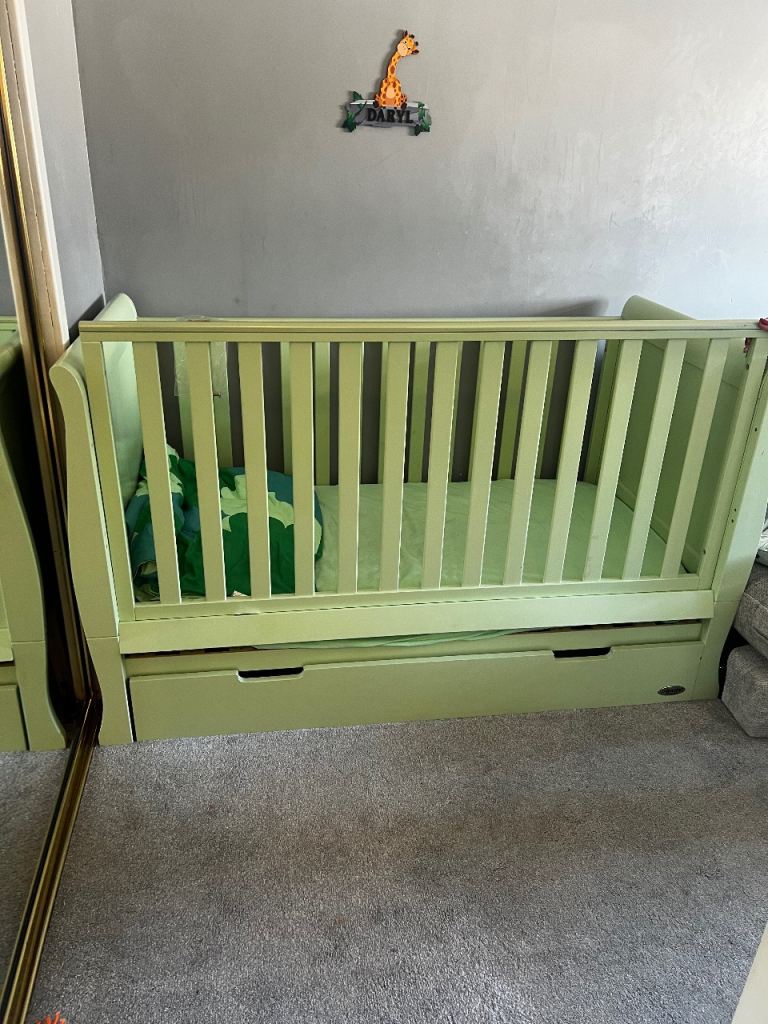 Obaby Green Sleigh Cot Bed with Drawer – Good Condition