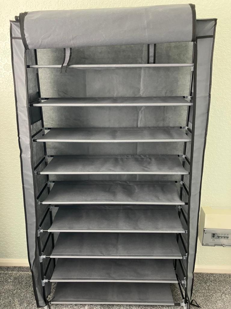 Tall Grey Fabric Shoe / Storage Unit, Nine Shelves, VGC