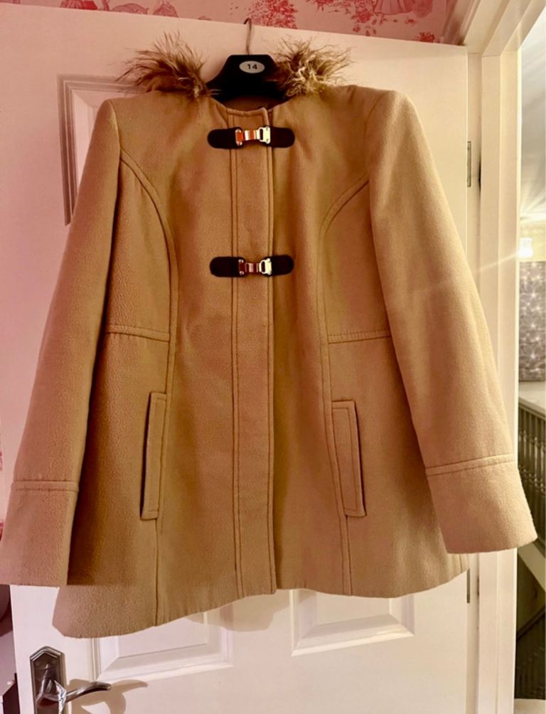 Primark size 16 cream fawn A line lined coat jacket with fur hood, poppers and hook fastening