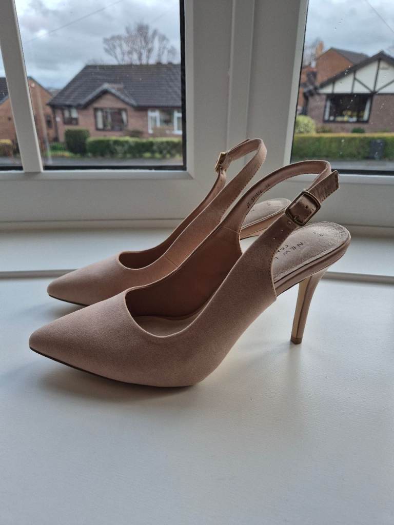 image for Blush Pink Suedette Stilettos with Gold Buckle detailing. Size 6. Immaculate. 