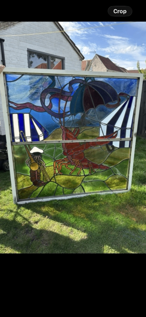 stain glass lobster fishing scene 