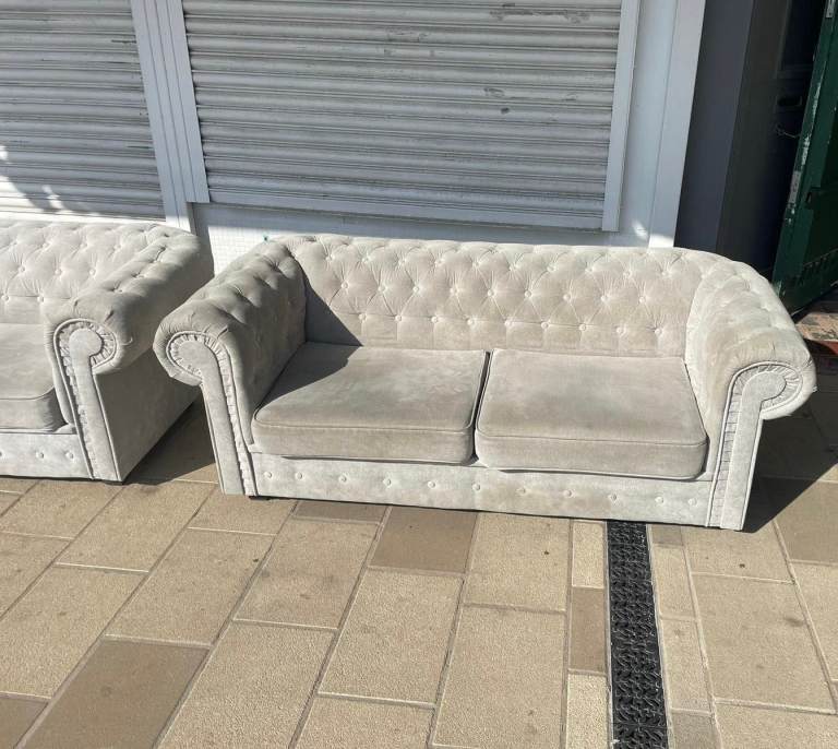 Wayfair Grey Fabric Chesterfield Style Pair of 3 Seater Sofas £350 Free Local Delivery  