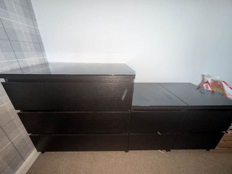 IKEA Malm Drawers - Black Glass Tops
