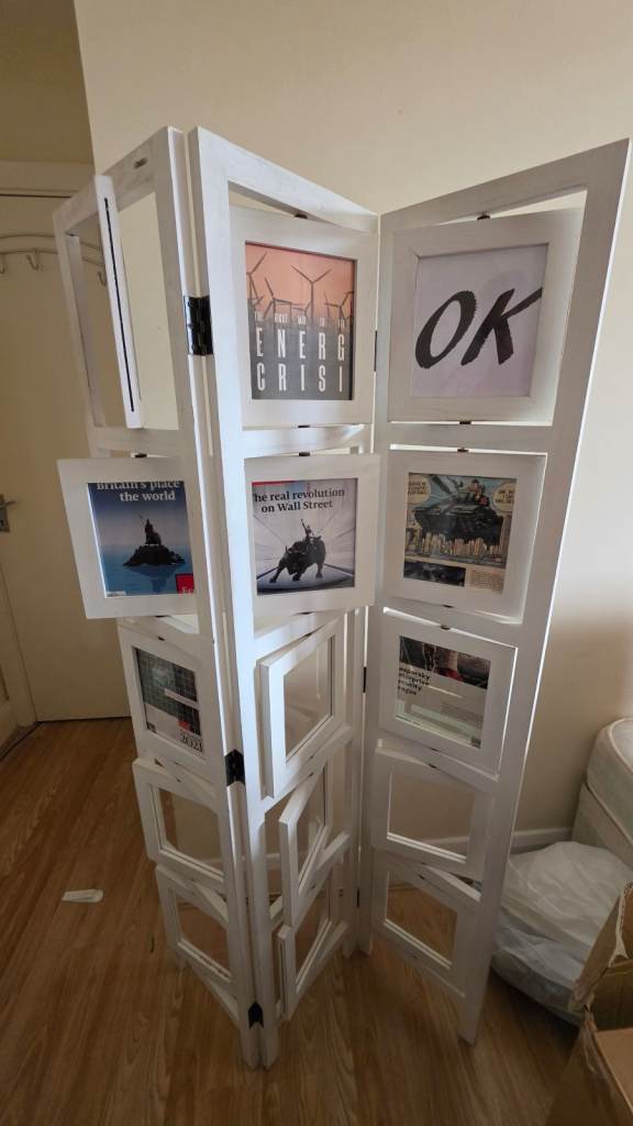 White Wooden Room Divider / Folding Screen with Rotating Picture Frames