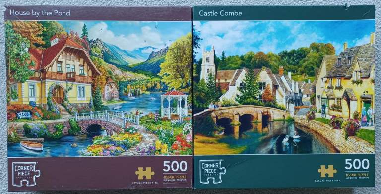 Corner Piece 500-Piece Jigsaw Puzzles – House by the Pond & Castle Combe