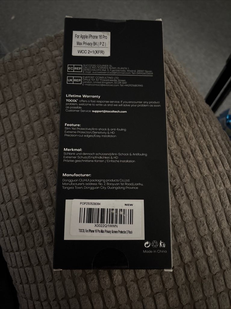 Tocol IPhone 16 pro max privacy screen protector 2 pack 