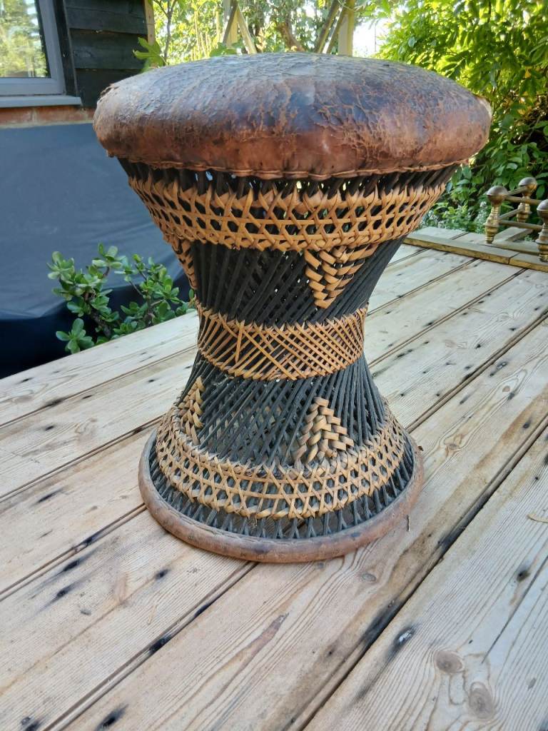 Vintage Woven Stool with Leather Top – Fair Condition
