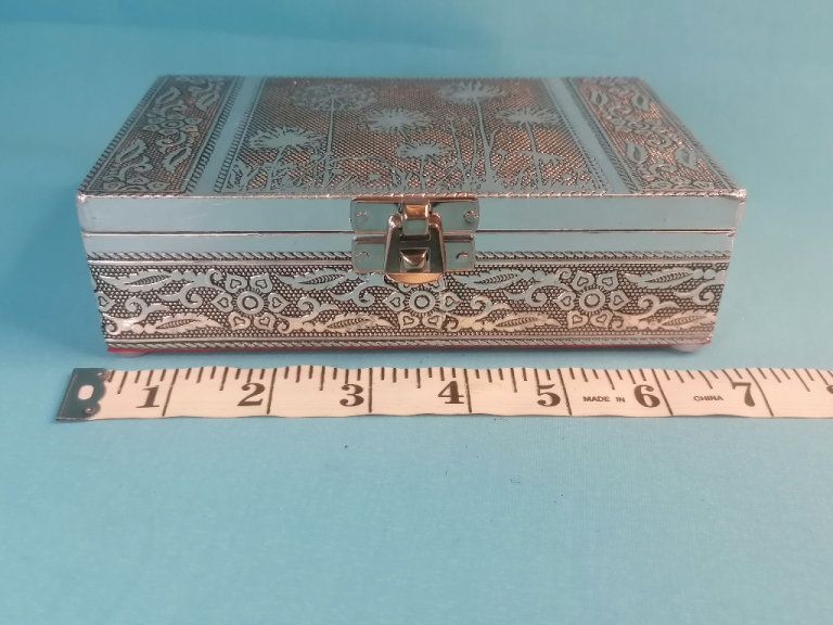 Wooden White Metal Jewelry Box, red colour inside. Decorative Box. 