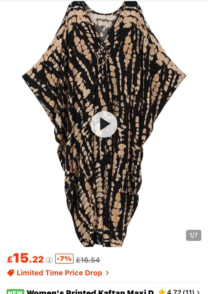 Women's Printed Kaftan Maxi Dress – Black & Beige, New
