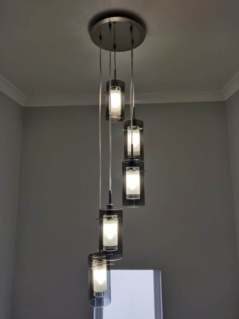 Modern Silver Ceiling Light with 5 Drop Pendants – Good Condition
