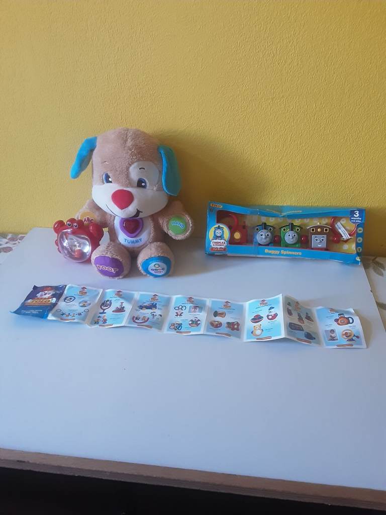 Fisher price  lights and sounds smart  puppy.  Thomas buggy spinners. Etc 