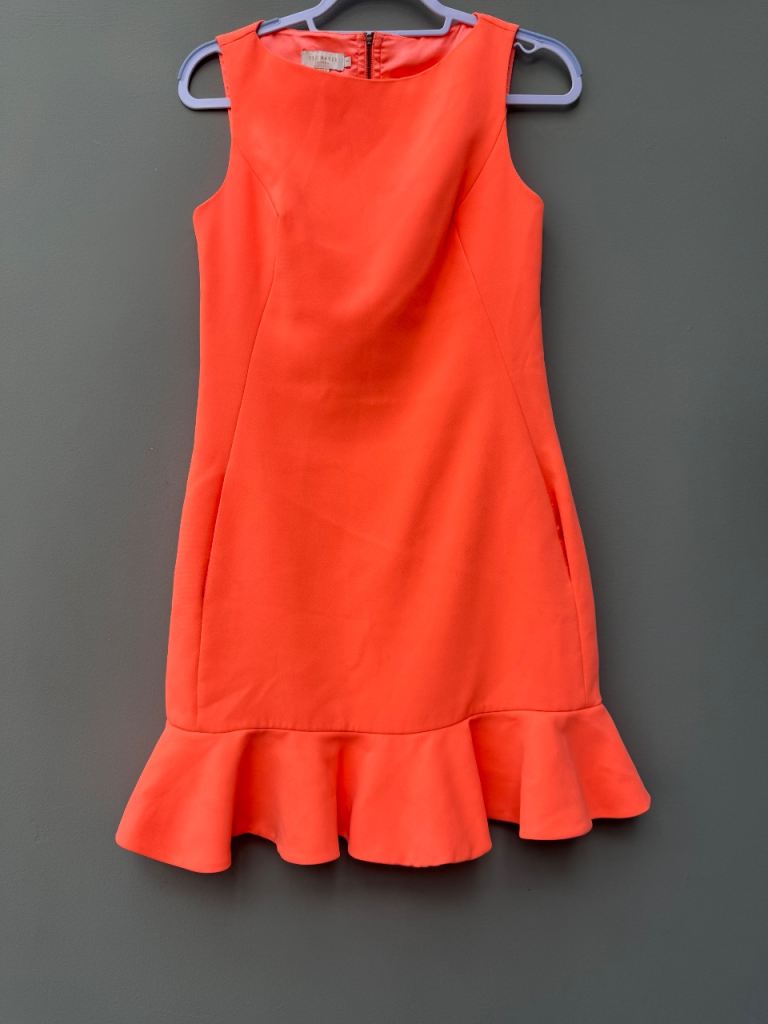 Ted Baker Orange Ruffle Hem Dress - Size 1, Good Condition