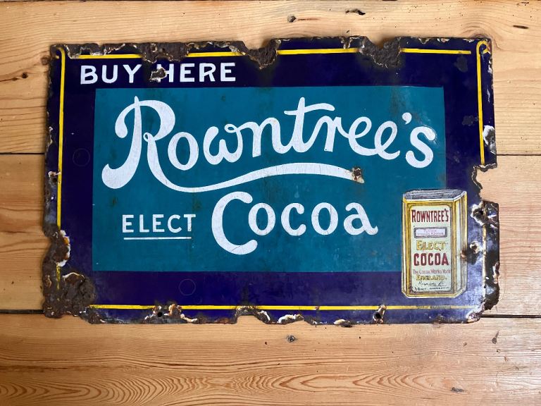 Vintage Antique Rowntree's Elect Cocoa Enamel Sign
