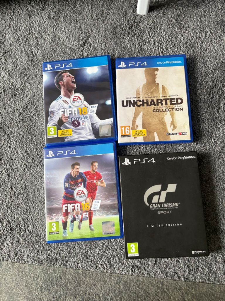 PS4 Games Bundle: FIFA 16, FIFA 18, Uncharted Collection, Gran Turismo Sport