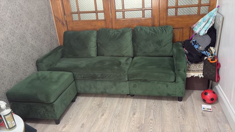 Green Velvet Sofa with Matching Footstool – Good Condition