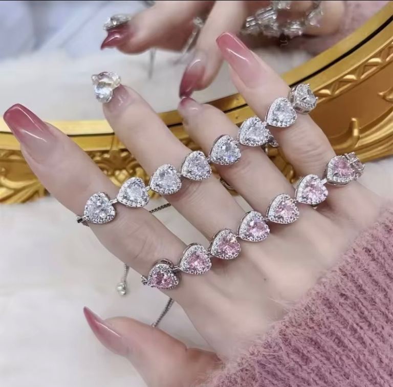 Stirling silver iced diamond crystal heart charm bracelet 